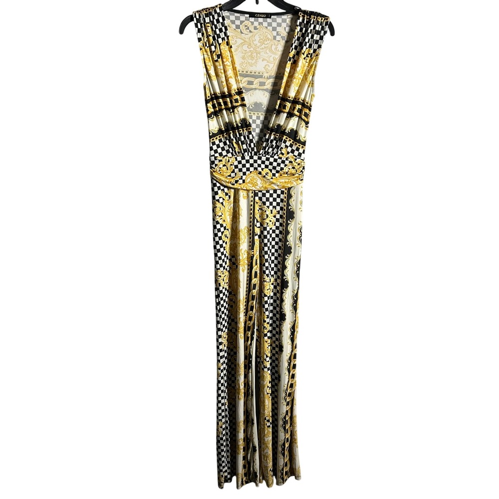 CAMEO Women Gold Black Baroque Checkerboard‎ Print Deep V-Neck Wide Leg Jumpsuit